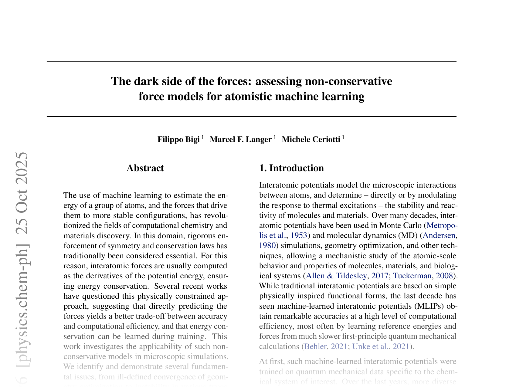 [The dark side of the forces: assessing non-conservative force models for atomistic machine learning 🔗](https://arxiv.org/abs/2412.11569)