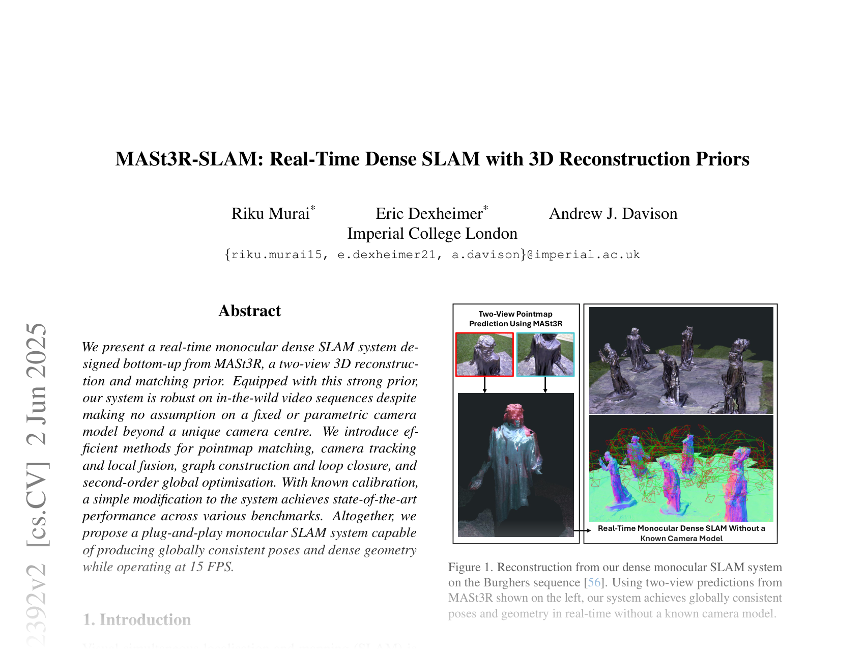[MASt3R-SLAM: Real-Time Dense SLAM with 3D Reconstruction Priors 🔗](https://arxiv.org/abs/2412.12392)
