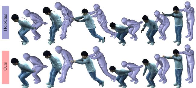 Figure 5. Qualitative Comparison. Given sparse-view images with novel poses, our method captures sharper and more faithful appearance details.