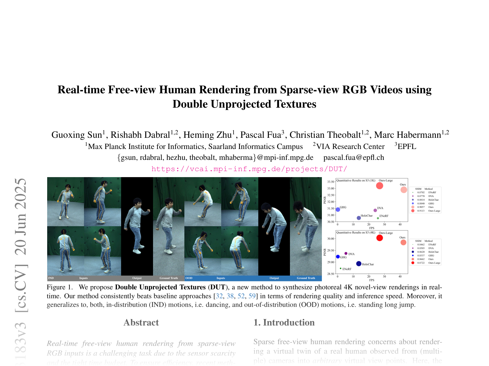 [Real-time Free-view Human Rendering from Sparse-view RGB Videos using Double Unprojected Textures 🔗](https://arxiv.org/abs/2412.13183)