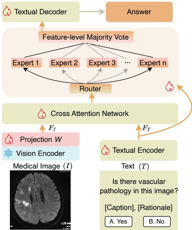 诊断专家的架构，展示了视觉/文本编码器、交叉注意力和稀疏 MoE 投票系统。