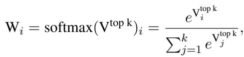 计算前 k 个专家 softmax 权重的方程。