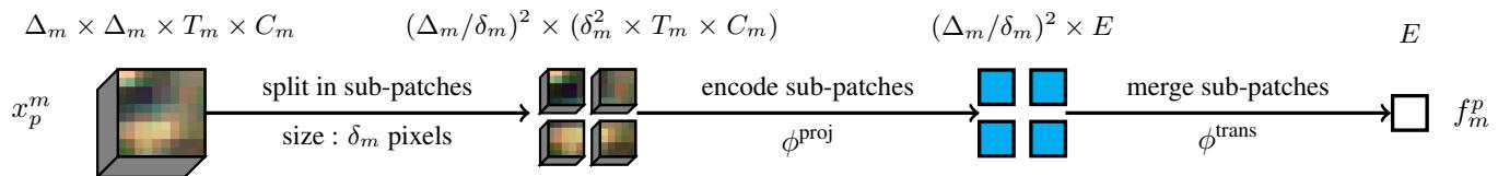 Figure 2. Scale-Adaptive Patch Encoding. The diagram shows how a patch is split into sub-patches, projected, and then merged.