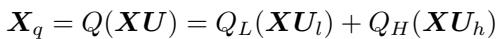 Equation showing the decomposition of quantized X into low and high precision components.