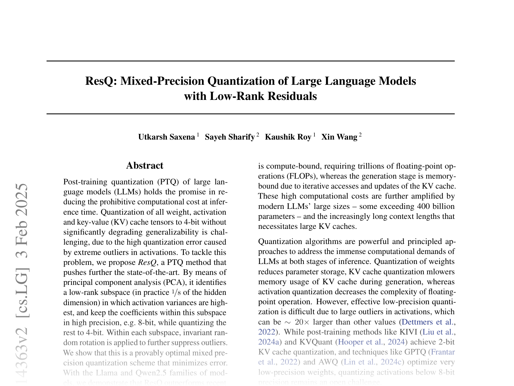 [ResQ: Mixed-Precision Quantization of Large Language Models with Low-Rank Residuals 🔗](https://arxiv.org/abs/2412.14363)