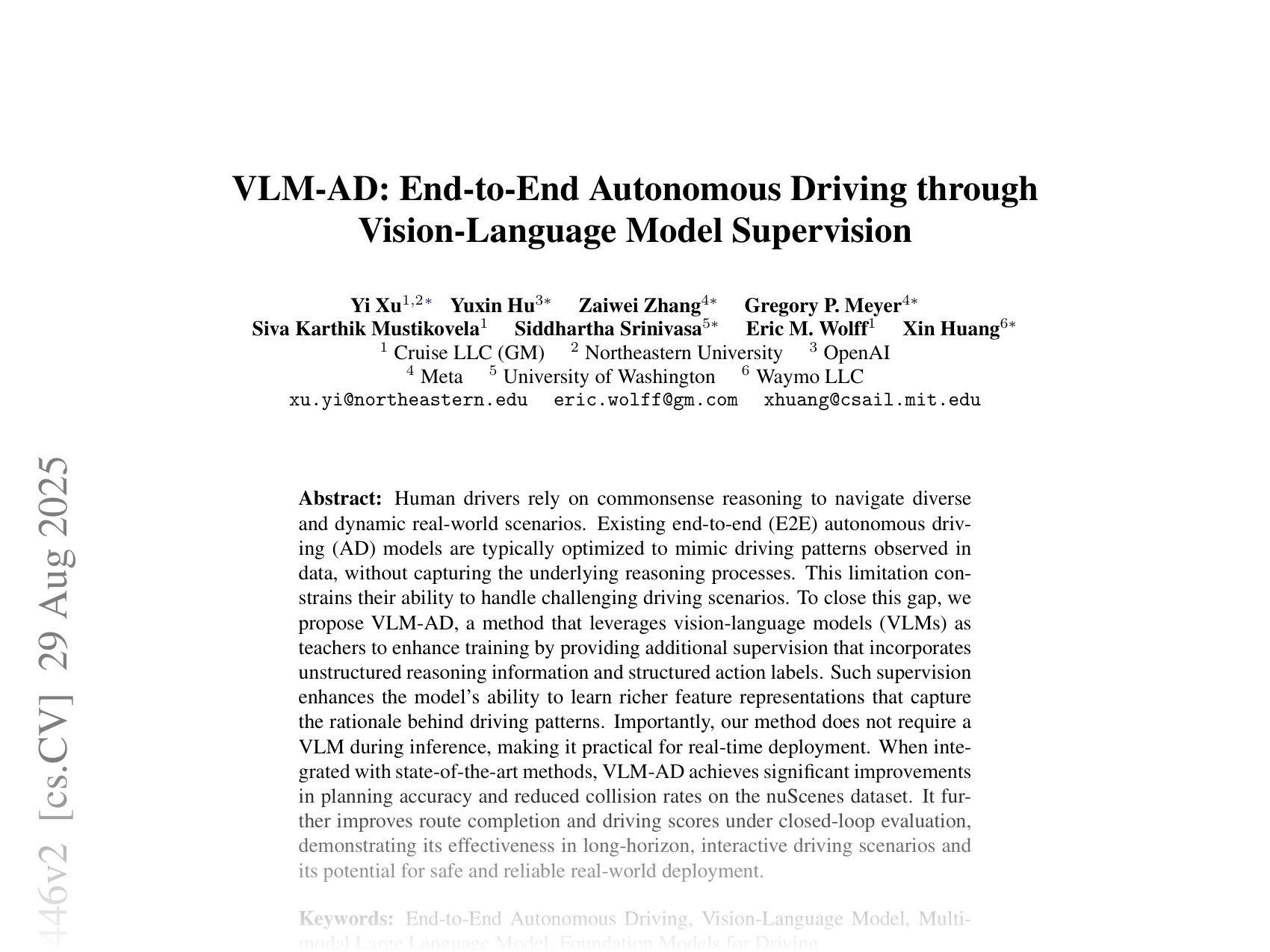[VLM-AD: End-to-End Autonomous Driving through Vision-Language Model Supervision 🔗](https://arxiv.org/abs/2412.14446)