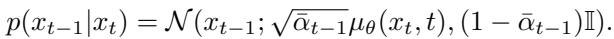 Equation 2: The reverse diffusion process removing noise.