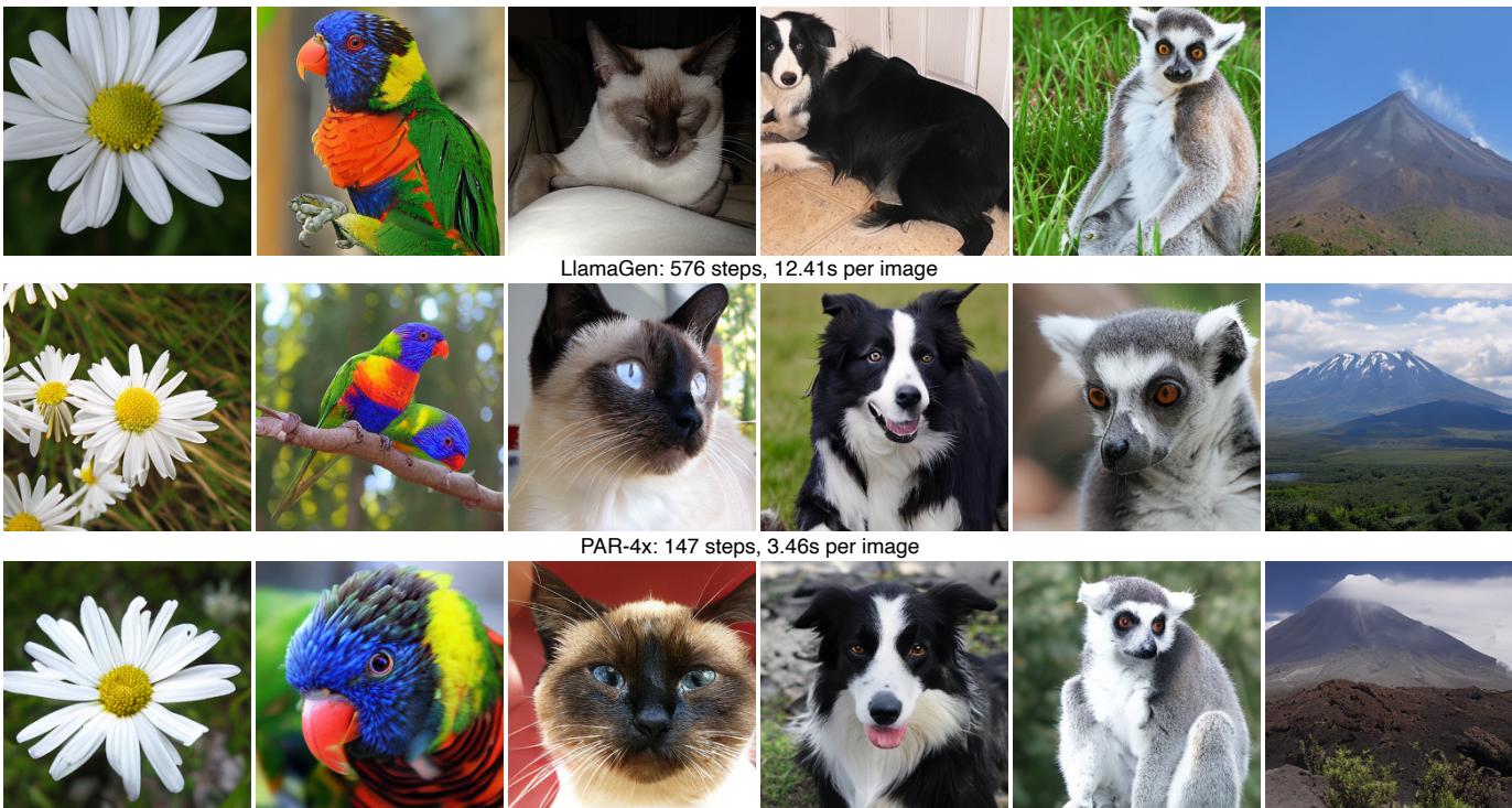 Visualization comparison of PAR vs LlamaGen showing speedup.