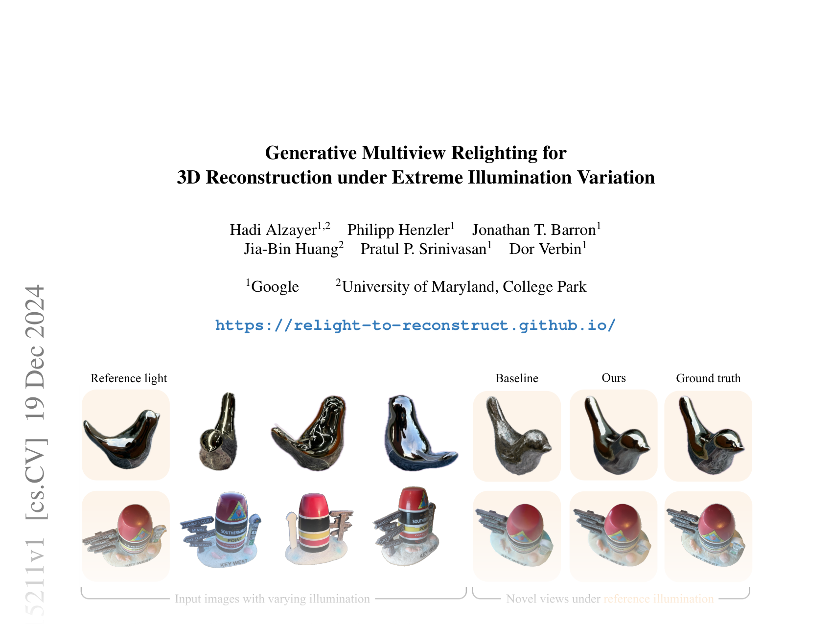 [Generative Multiview Relighting for 3D Reconstruction under Extreme Illumination Variation 🔗](https://arxiv.org/abs/2412.15211)