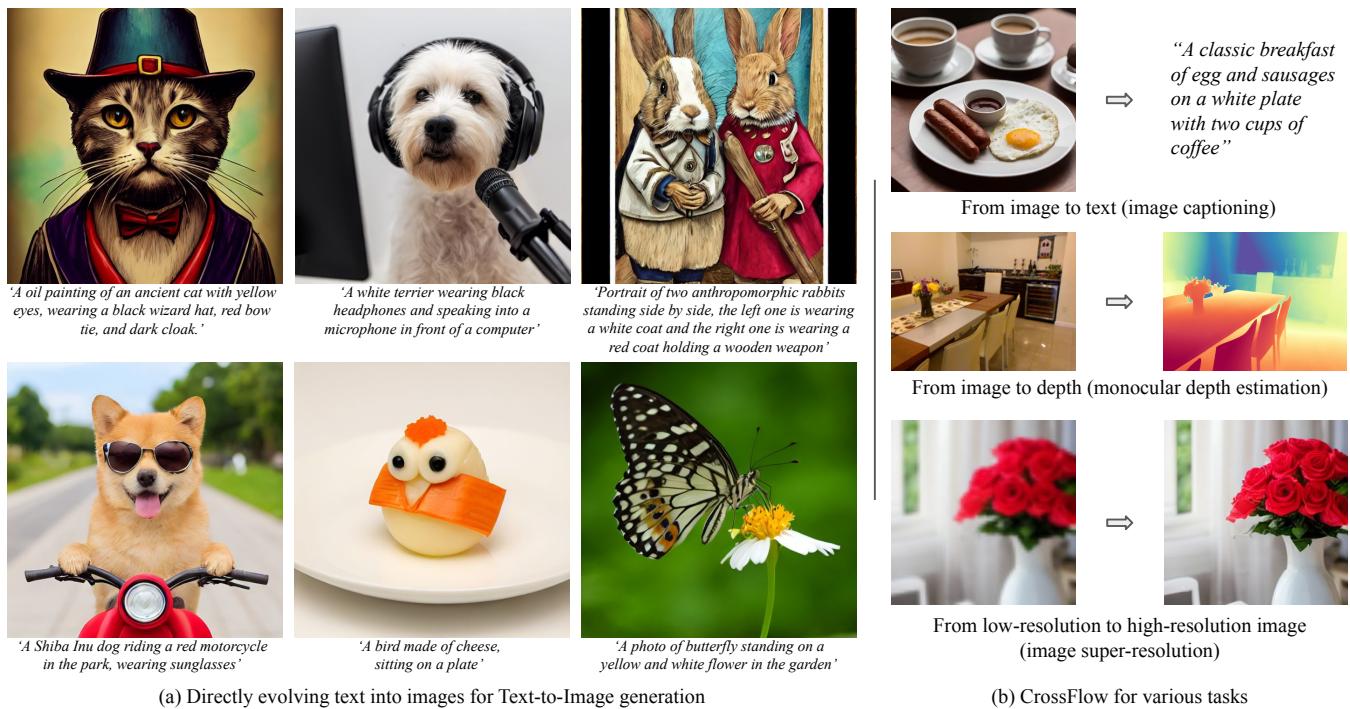 Figure 1. CrossFlow Framework. The top row shows the direct evolution of text into images. The bottom rows show the framework applied to captioning, depth estimation, and super-resolution.