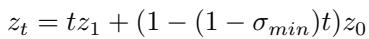 Equation describing the forward process of flow matching as a linear interpolation.