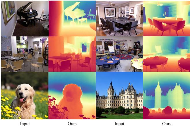 Figure 7. Qualitative examples for zero-shot depth estimation. The model accurately predicts depth for both indoor and outdoor scenes.