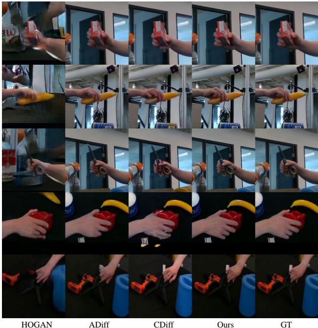 Figure 3. Qualitative comparison of different methods on DexYCB dataset [4]. Our results perform best in cases of hand-object mutual occlusion and finger self-occlusion.