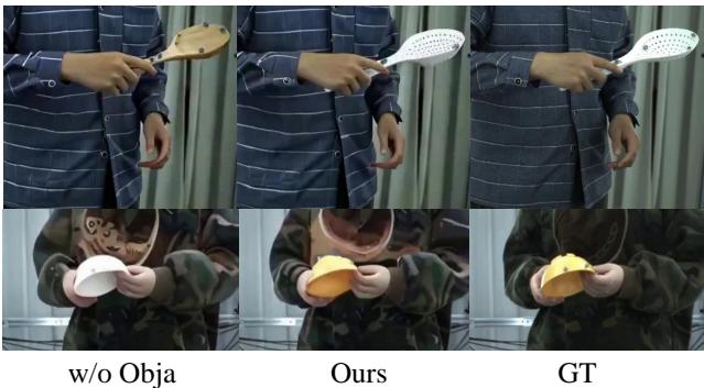 Figure 6. Ablation study of object augmentation training. Utilizing Objaverse helps the model learn dynamic consistency from large object datasets.