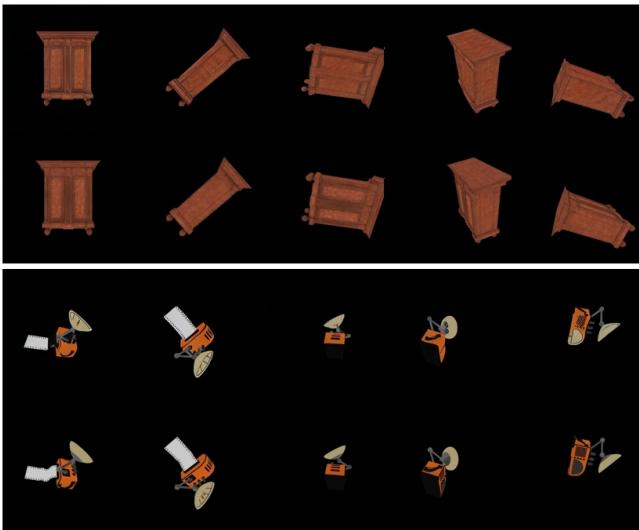 Figure 7. Results on objaverse [6]. For each example, the first row shows the generated results, while the second row is the ground truth. The results show that our model learns the consistency of objects from Objaverse.