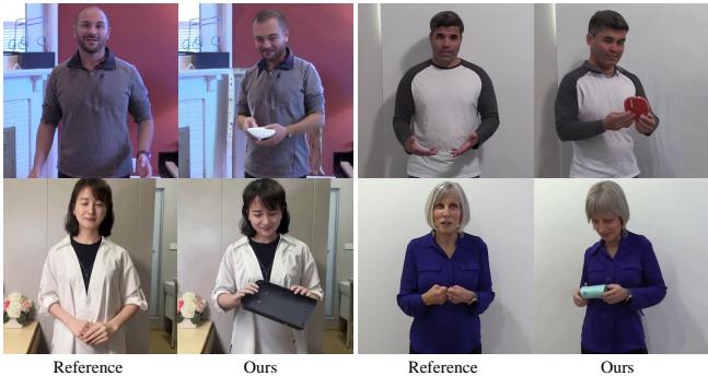 Figure 8. Human-based hand-Object manipulation video generation. Using human reference images as input and training on humancentered datasets, our model is capable of generating human-centric hand-object manipulation videos.