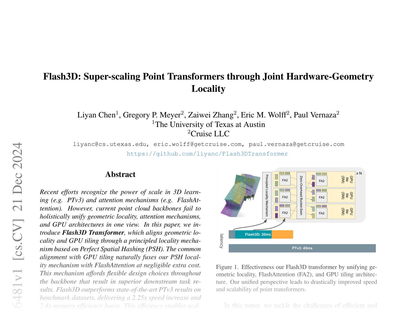 [Flash3D: Super-scaling Point Transformers through Joint Hardware-Geometry Locality 🔗](https://arxiv.org/abs/2412.16481)