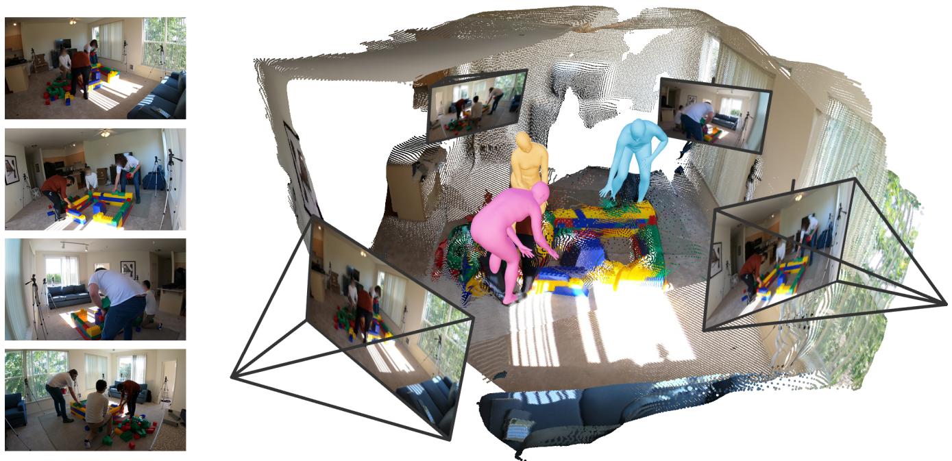 Figure 1. Humans and Structure from Motion (HSfM). The left shows input images of people in a room. The right shows the joint 3D reconstruction: colored human meshes, a point cloud of the room, and the camera positions (green screens).
