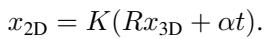 Equation 2: The 2D projection equation mapping a 3D point to 2D pixel coordinates using intrinsics K, rotation R, scale alpha, and translation t.