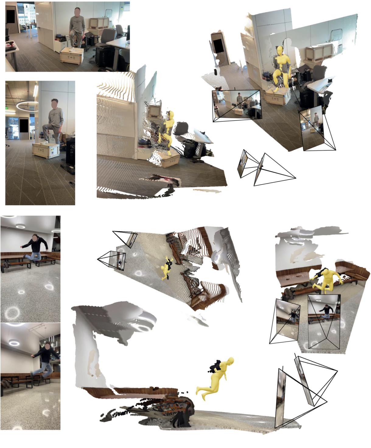 Figure S.2. Close-up of in-the-wild reconstruction. HSfM ensures accurate human-scene contact, such as the person&rsquo;s right foot resting on the box.