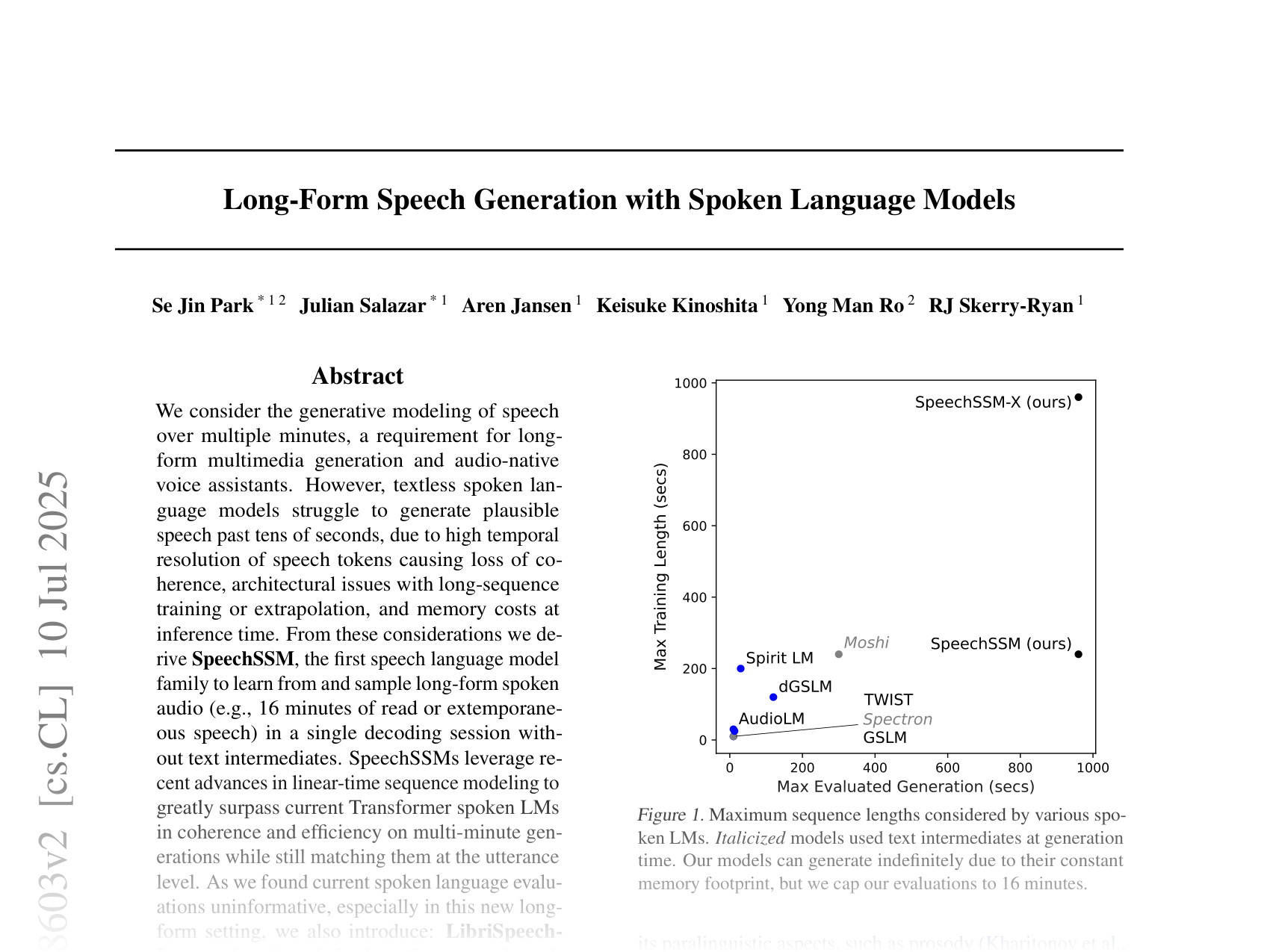 [SpeechSSM: Long-Form Speech Generation with State-Space Models 🔗](https://arxiv.org/abs/2412.18603)