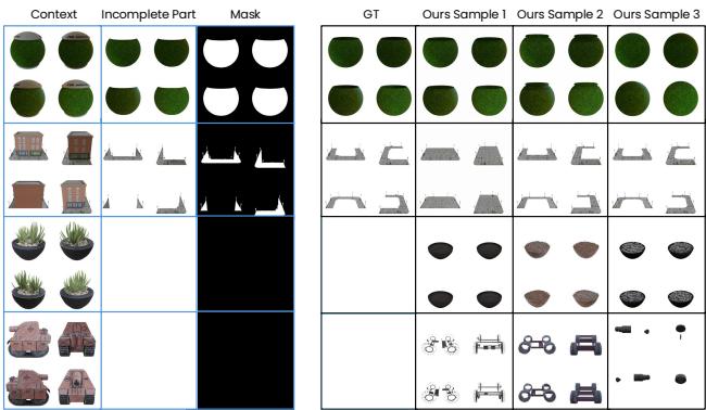 Qualitative results of part completion showing how the model reconstructs full spheres, buildings, and plants from partially occluded views.