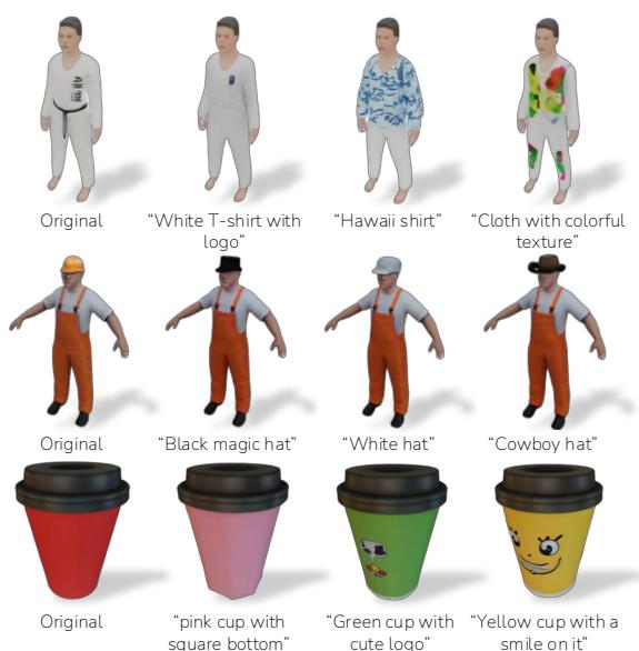 Examples of editing 3D parts: changing a karate gi to a Hawaiian shirt, or adding a cowboy hat to a character.