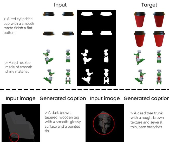 Detailed pipeline for 3D part editing and captioning using masks and text instructions.