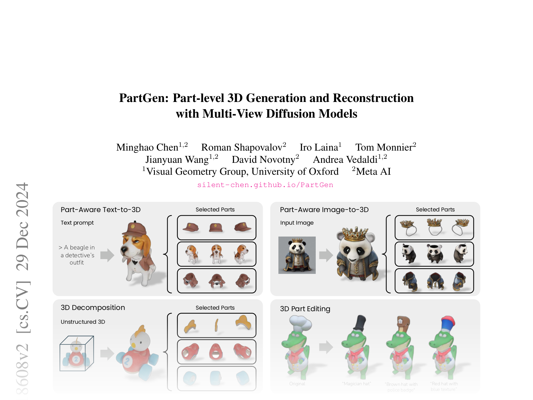 [PartGen: Part-level 3D Generation and Reconstruction with Multi-View Diffusion Models 🔗](https://arxiv.org/abs/2412.18608)
