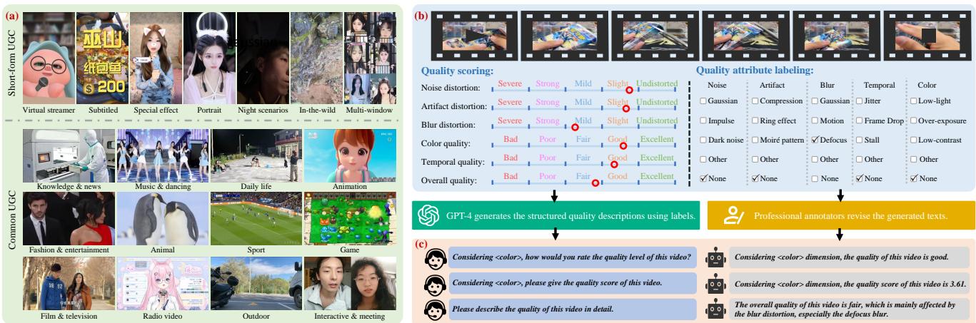 Overview of the FineVD content and construction process, showing sample video categories and the annotation workflow with QA pairs.