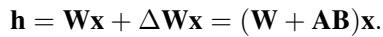 Equation 5 defining the LoRA forward pass, where the weight update is approximated by low-rank matrices A and B.