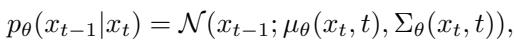 Equation describing the reverse denoising process distribution.
