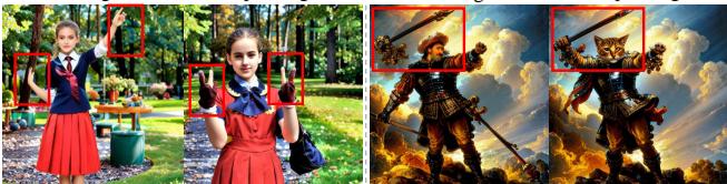 Figure 4. Comparison of results using global negative embedding and per-sample negative embedding. Red boxes highlight improvements.