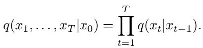 The factorization of the joint distribution in the forward process.