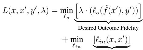 The min-max objective function for counterfactual generation.