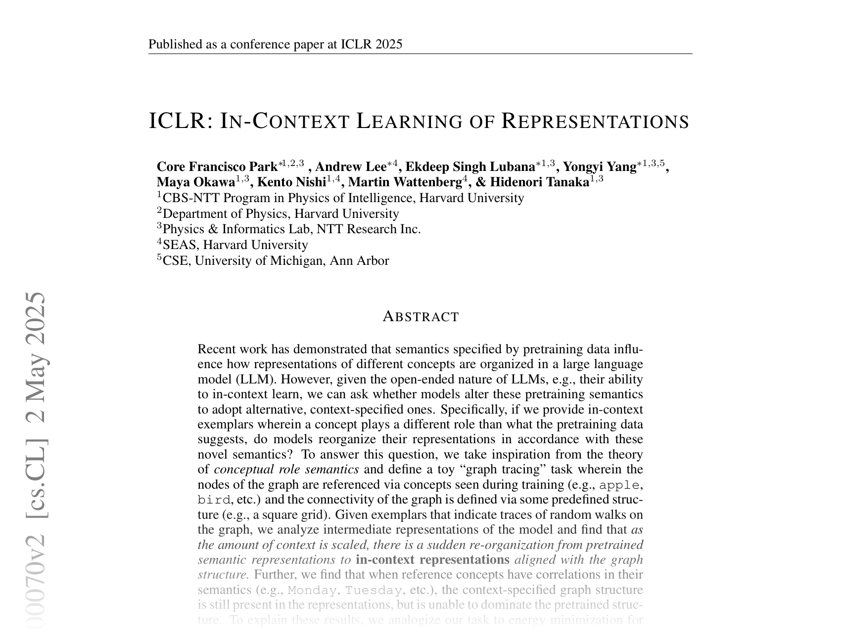 [ICLR: IN-CONTEXT LEARNING OF REPRESENTATIONS 🔗](https://arxiv.org/abs/2501.00070)