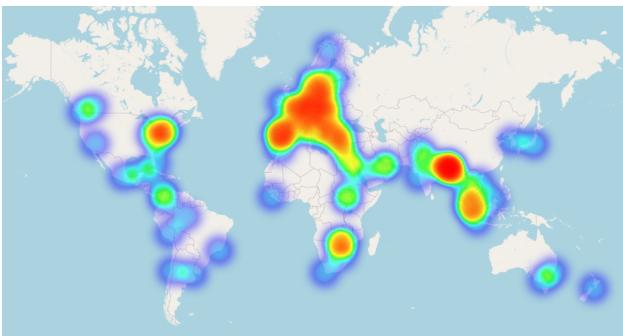 Heatmaps displaying the geographical distribution of textual and visual contexts globally.