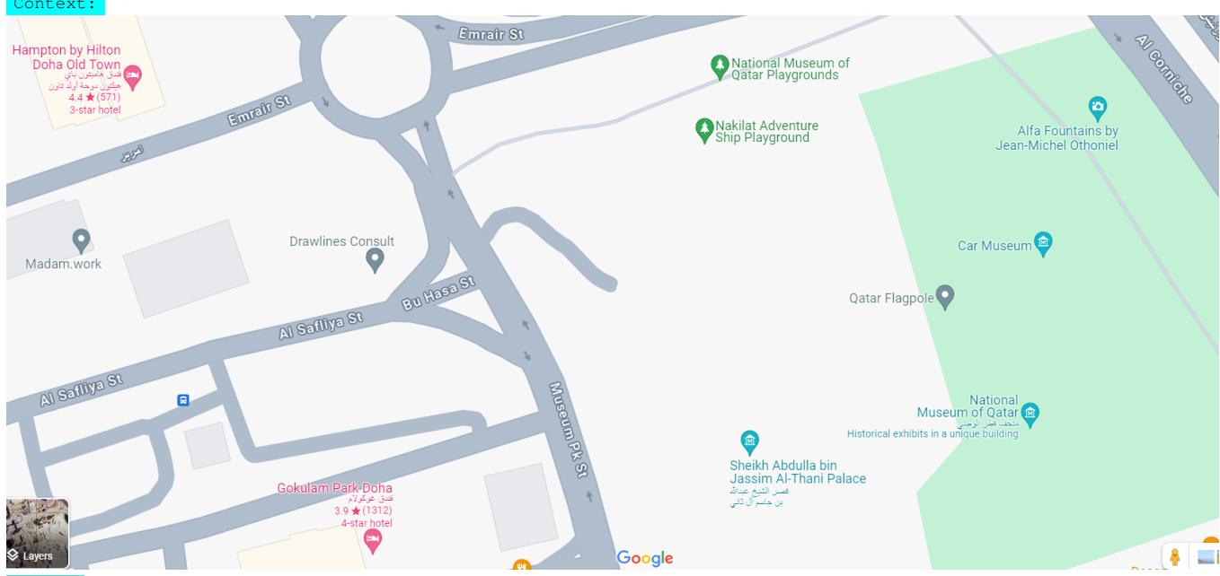 Example of a visual evaluation query asking for the nearest museum to the Qatar Flagpole.