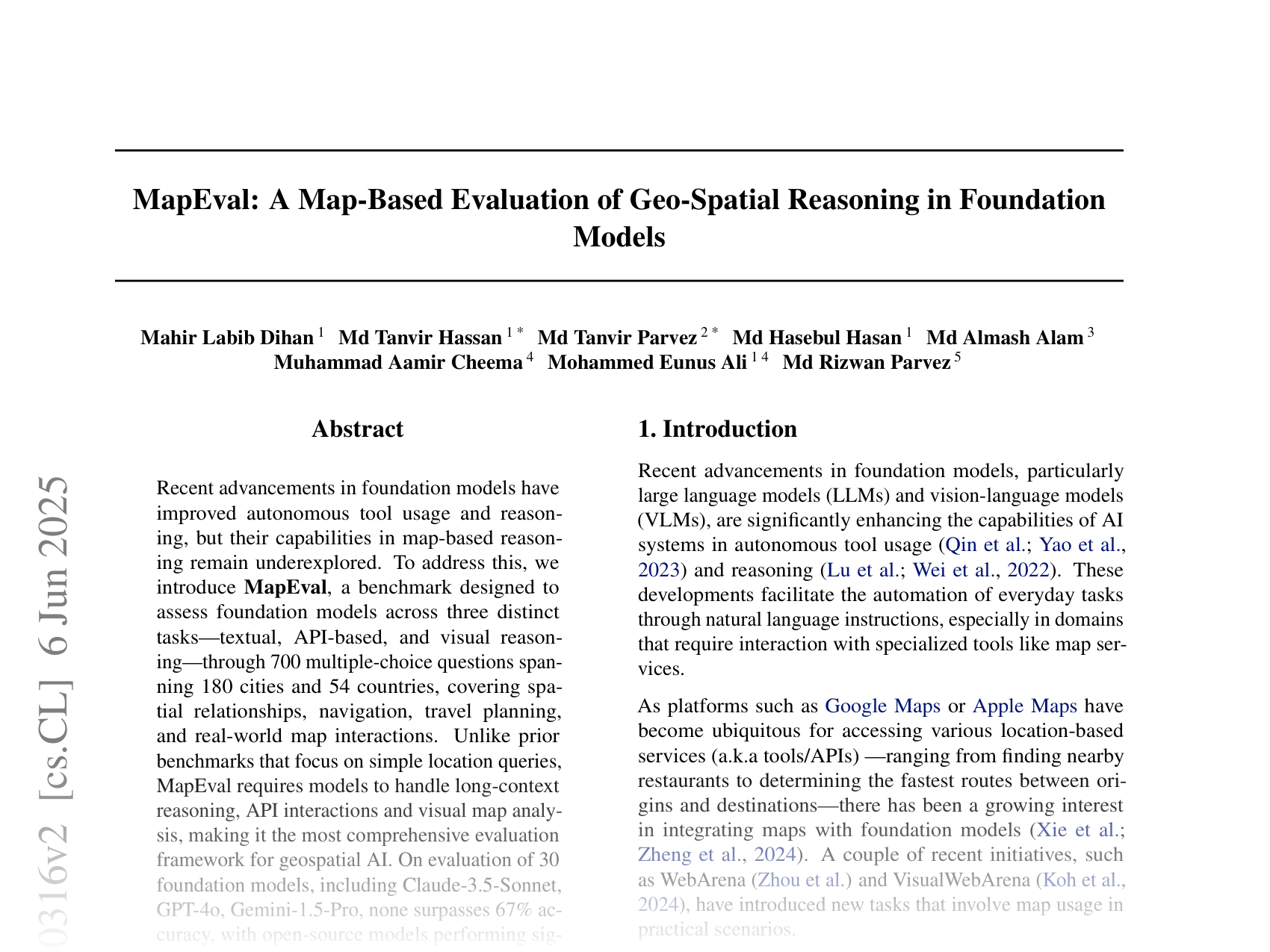 [MapEval: A Map-Based Evaluation of Geo-Spatial Reasoning in Foundation Models 🔗](https://arxiv.org/abs/2501.00316)