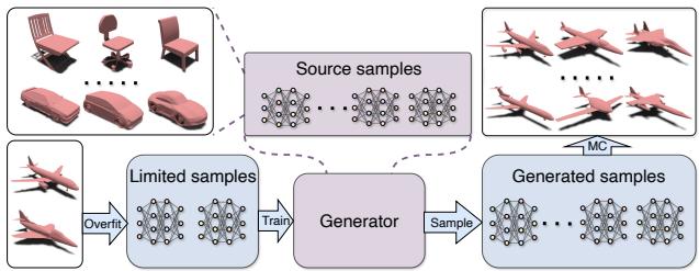 Illustration of the Few-shot Implicit Function Generation setting. Source samples show diverse shapes. The goal is to generate diverse samples from limited target samples.