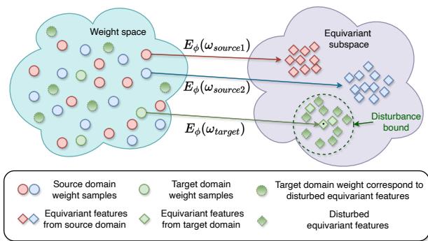 Illustration of the Equivariant architecture mapping weights to similar representations in a structured latent space.