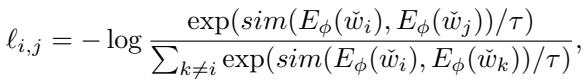 Equation for the contrastive loss function involving cosine similarity between encoded features.