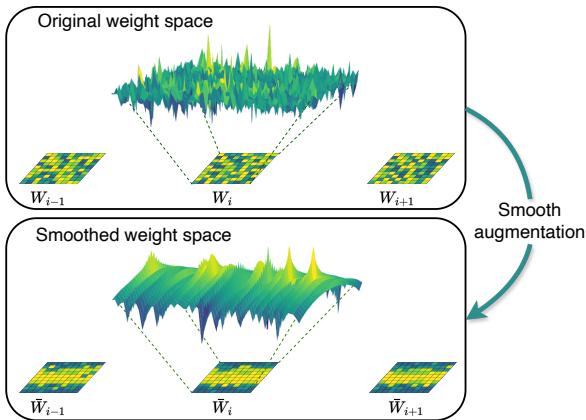 Illustration of Smooth Augmentation. The original jagged weight space is transformed into a smoother manifold, enabling better feature capture.