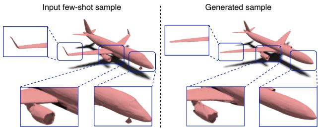 Visualizations of generated ShapeNet-INRs for airplanes. Inputs are on the left, diverse generated outputs on the right.