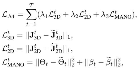 Equation 1. The loss function combines 3D joint error, 2D projection error, and MANO parameter accuracy.