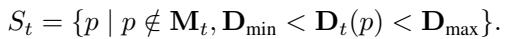 Equation 3. Selecting reliable depth points S_t within a specific range, excluding hand regions.