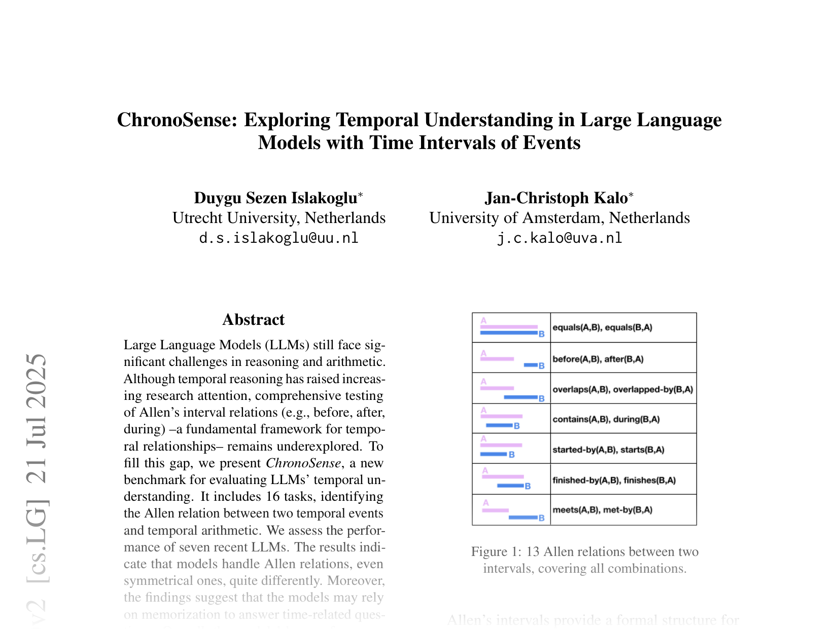 [ChronoSense: Exploring Temporal Understanding in Large Language Models with Time Intervals of Events 🔗](https://arxiv.org/abs/2501.03040)