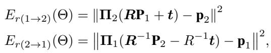 Reprojection error equations for both directions (1->2 and 2->1).