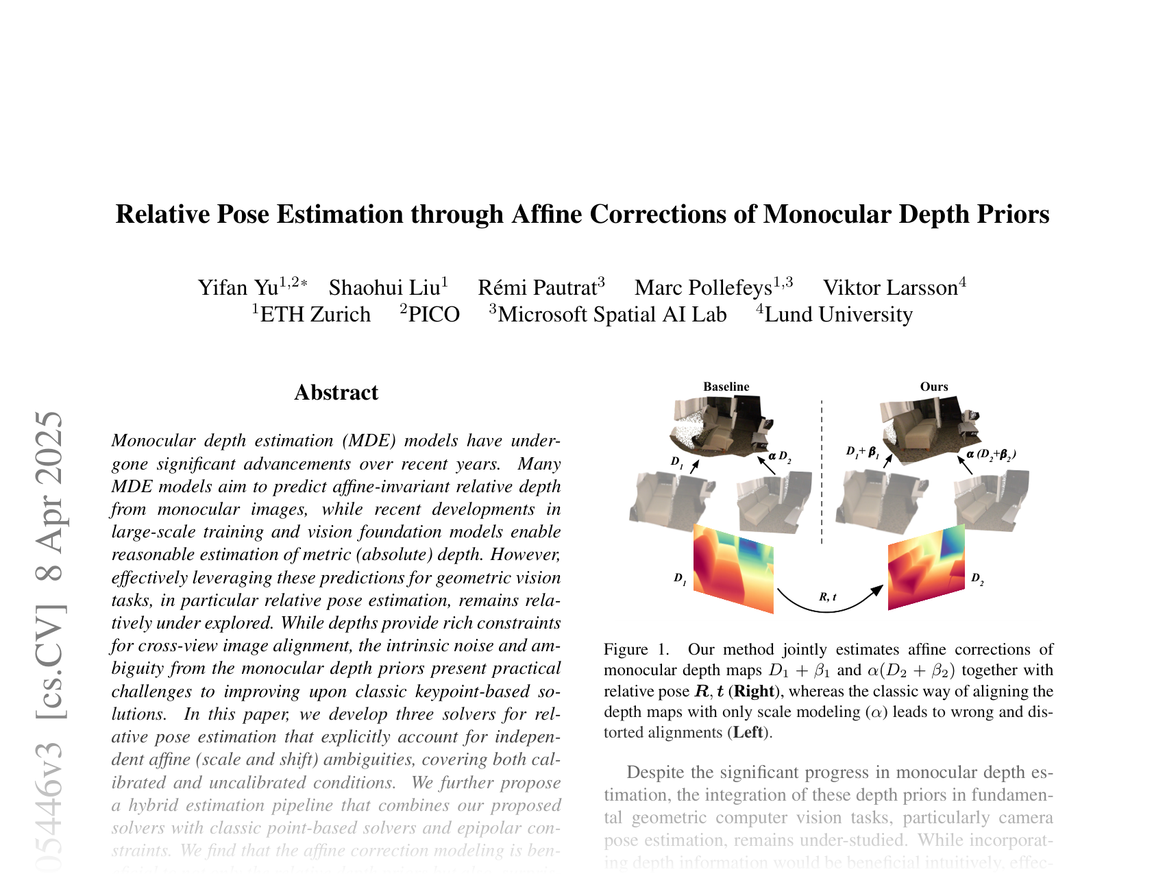 [Relative Pose Estimation through Affine Corrections of Monocular Depth Priors 🔗](https://arxiv.org/abs/2501.05446)