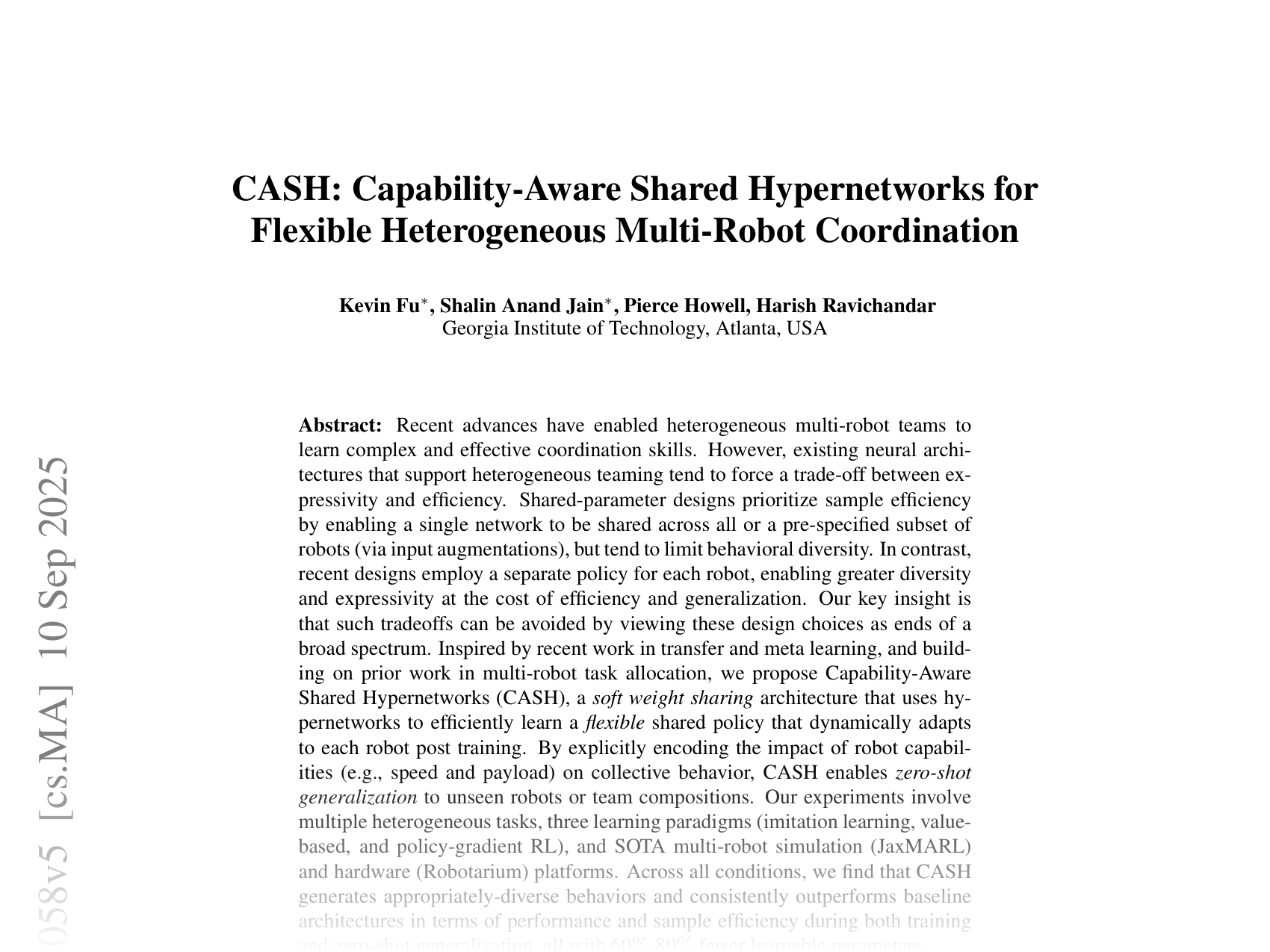 [CASH: Capability-Aware Shared Hypernetworks for Flexible Heterogeneous Multi-Robot Coordination 🔗](https://arxiv.org/abs/2501.06058)